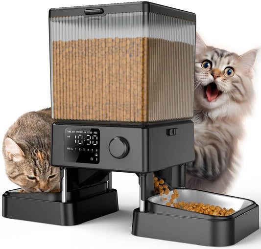 oneisall 5 升自动猫喂食器，2 个碗，5G/2.4G WiFi，智能猫粮分配器，通过应用程序控制轻松操作，猫/狗粮分配器